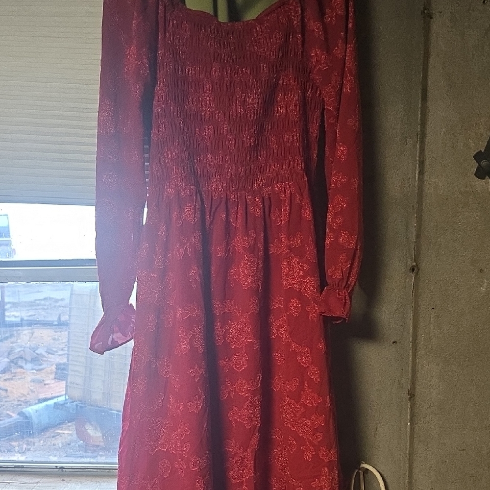 Grace Karin, M Elegant Red Long Sleeve Dress, Ruffle Hem Ruced Top , Ruffle Hem
